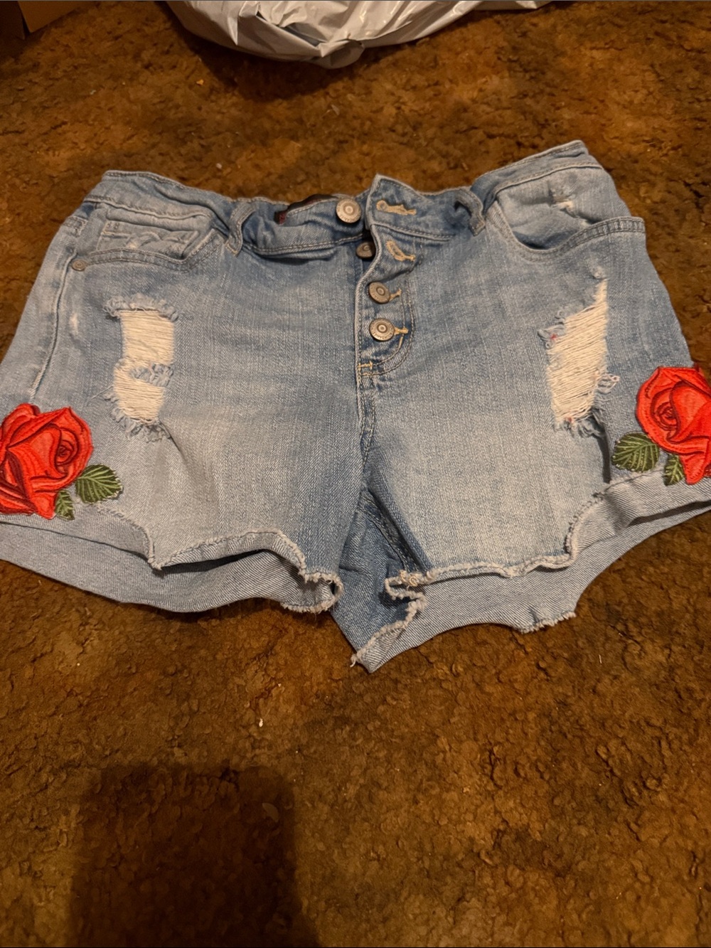 Light Blue Denim Women's Shorts with Red Rose Embroidery